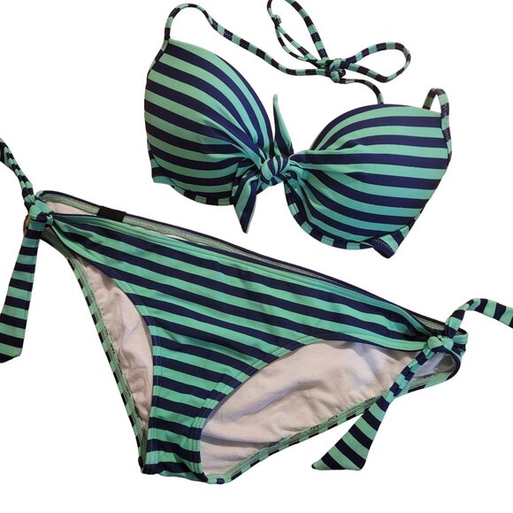 Rip Curl Women's Medium Striped Bikini 2-Piece Blue/Green Halter Top Underwire - Picture 1 of 6